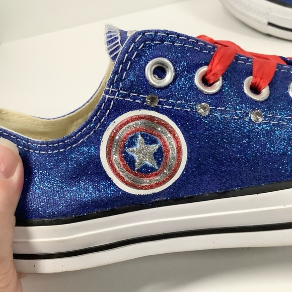 CONVERSE Custom Glitter Sneakers Swarovski Crystals Red White Blue USA Women 8 - Picture 11 of 15